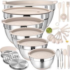 Mixing Bowls with Airtight Lids Set, 26PCS Stainless Steel Khaki Bowls with Grater Attachments, Non-Slip Bottoms Kitchen Gadgets Set, Size 7, 4, 2.5