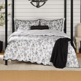 Full/Queen Comforter Set, All-Season, 5-Piece, White Black Floral Scallop