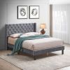 Upholstered Bed with Wings Design - Strong Wood Slat Support - Easy Assembly - Dark Gray Velvet;  Queen;  platform bed