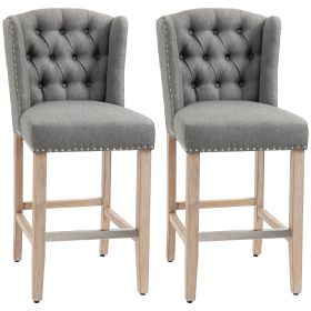Counter Height Bar Stools Set of 2 27 Inch Nailhead-Trim Tufted Back Wood Legs Gray