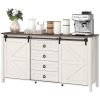 60" Buffet Cabinet, Farmhouse Sideboard with Sliding Barn Doors, Drawers and Adjustable Shelves, Distressed Cream White