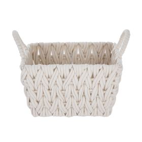 Medium White Woven Rope Decorative Storage Basket with Handles, 14.3 in x 11 in x 9 in