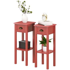 2-Tier Side Tables Set of 2 with Drawer and Shelf, 2 Pieces End Tables for Living Room and Hallway, Red