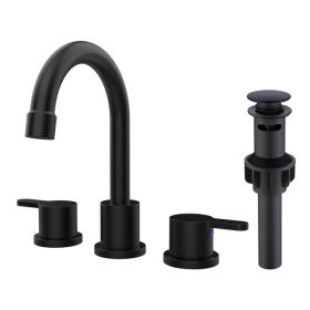 Widespread Bathroom Sink Faucet Matte Black 2 Handle 8 inch Lavatory Faucet 3 Hole 360° Swivel Spout Vanity Sink Basin Faucets with Pop Up Drain Assem