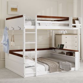 Queen Size Wooden Bunk Bed with Built-in Shelves,Storage Box,LED Light and USB Charging Station,White(ETA:6/30)