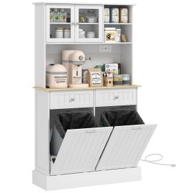 68" Storage Pantry Cupboards, Freestanding Cabinet w/ 2 Tilt Out Cabinets & Build-in Charging Station for Dining Room, White