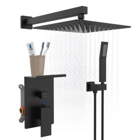 Rainfall Shower System With Storage Rack 10 inch Shower Faucet Set Brushed Nickel with High Pressure with Square Shower Head Luxury Shower Set Wall Mo