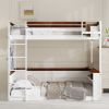 Queen Size Wooden Bunk Bed with Built-in Shelves,Storage Box,LED Light and USB Charging Station,White(ETA:6/30)