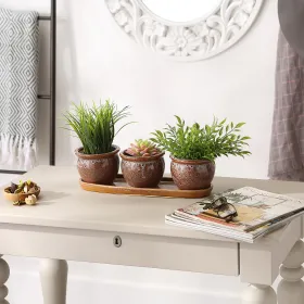 Set of 3 Brown Round Ceramic Small Planters - Ideal for Indoor Plants