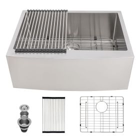 Farmhouse Apron Stainless Steel Kitchen Sink,16 Gauge Apron Front Single Bowl Kitchen Sink with Drain Kit (Color: Stainless Steel Brushed, size: 27"x21")