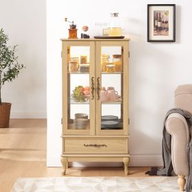 Curio Cabinet Lighted Glass Cabinet Glass Wine Cabinet Curio Display Cabinet with Adjustable Glass Shelves 2 Doors and 1 drawer Cabinet Sideboard With (Color: Light Oak, Material: MDF+glass)